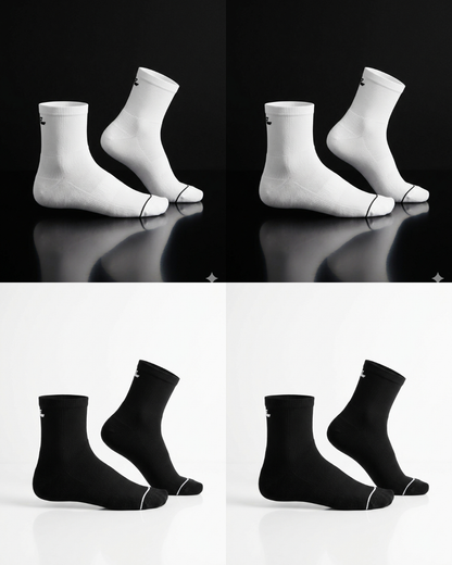 QUARTER CREW 4 Pair Bundle: Endurance Socks. Mixed Colours (2 BLACK / 2 WHITE) - FREE Shipping and Washbag